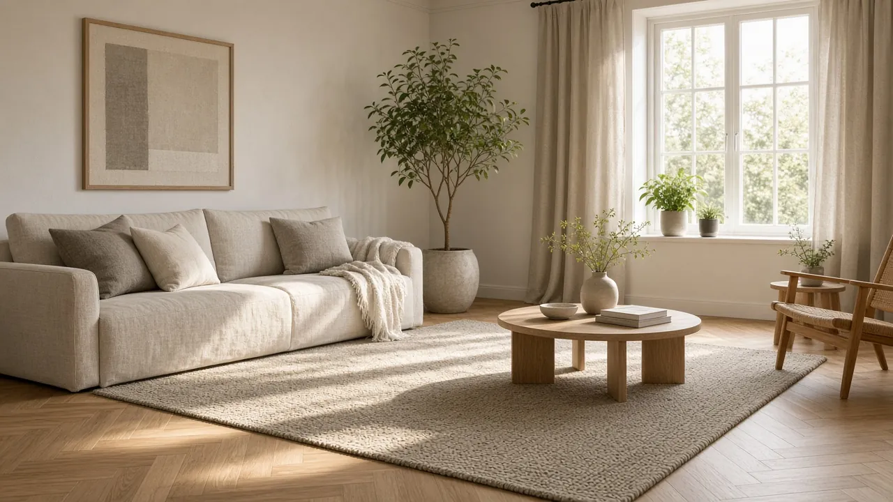 Helles, aufgeräumtes Wohnzimmer mit Eichenparkett, Wollteppich und Leinensofa im Nachmittagslicht