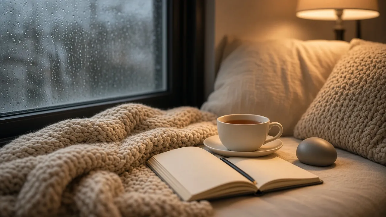 Gemütliche Fensterbank an einem Regentag mit Strickdecke, Tee, Notizbuch und kleinem Ladeetui