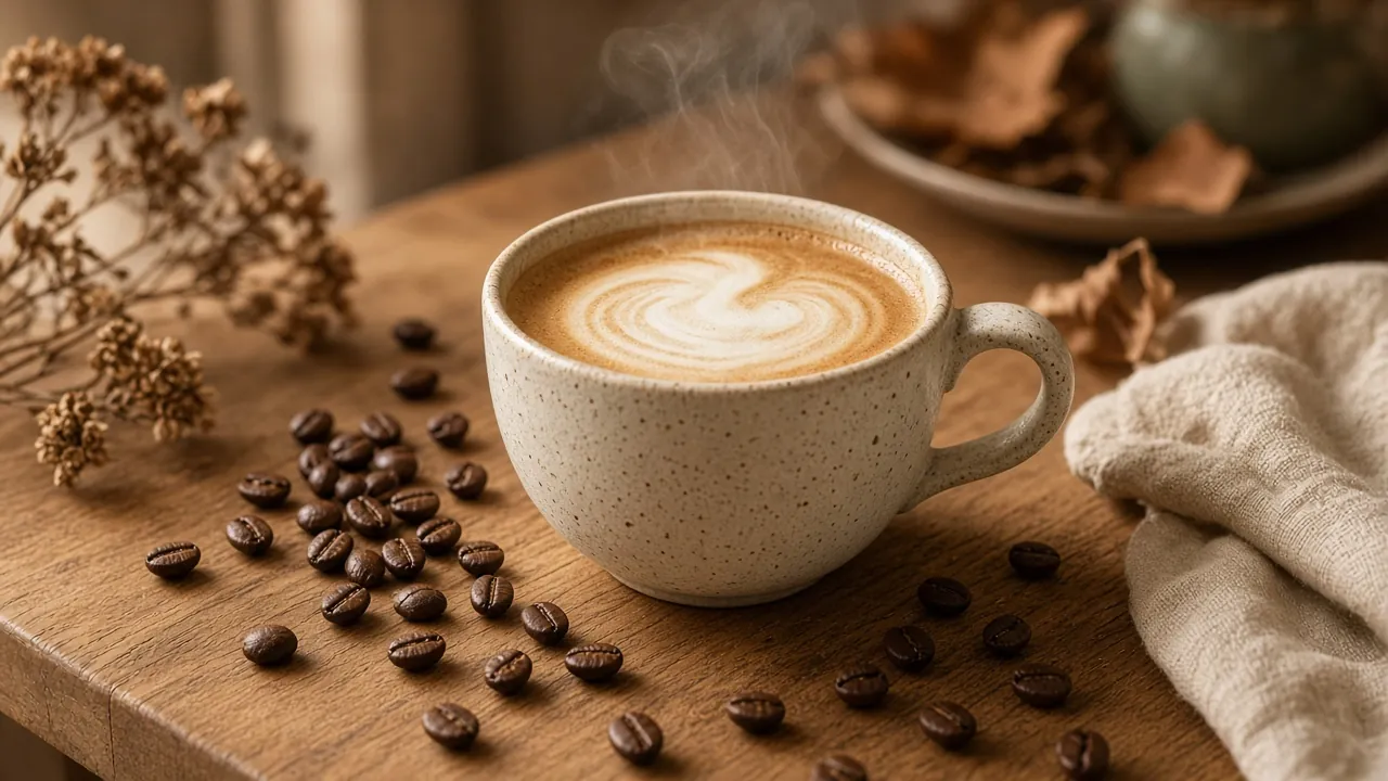 Dampfender Cappuccino mit Milchschaum in einer Keramiktasse auf Eichenholz mit Kaffeebohnen
