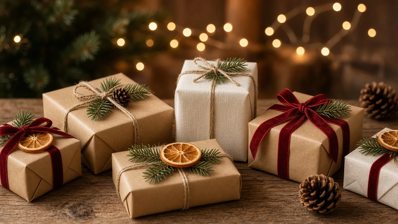 Festlich verpackte Geschenke in Packpapier mit Samtschleifen, Tannenzweigen, getrockneten Orangenscheiben und warmem Lichterglanz